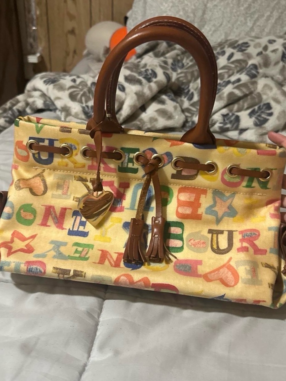 Dooney & Bourke Satchel Bag Multicolor Letters Print Leather Trim Handle